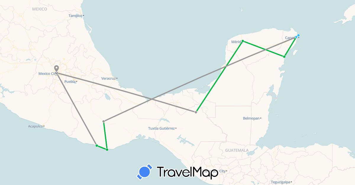 TravelMap itinerary: bus, plane, boat in Mexico (North America)